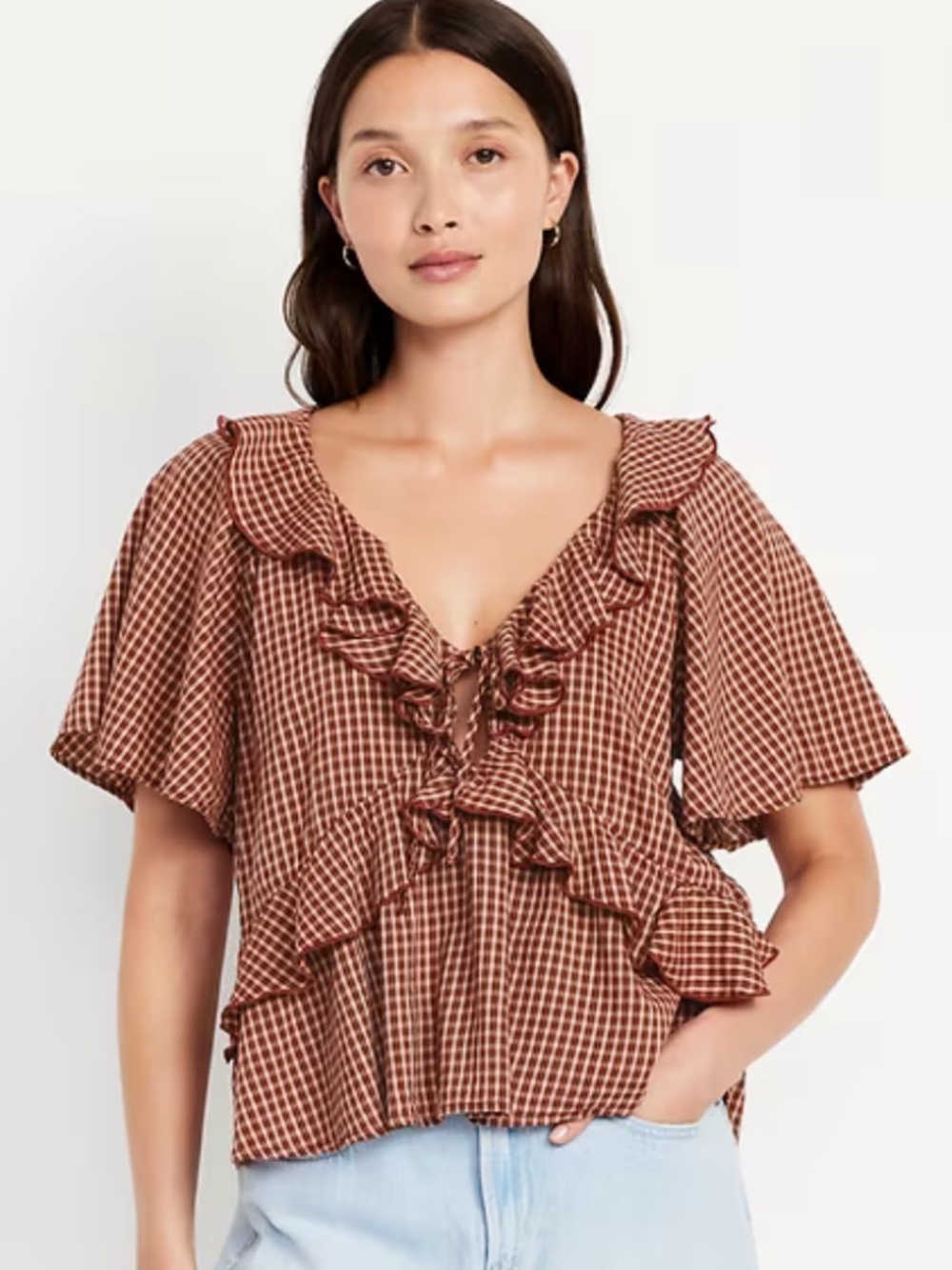 Old Navy Ruffle V-Neck Top - Brown Plaid